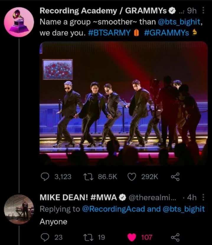 Mike Dean đã tweet lại dòng trạng thái của Lễ trao giải Grammy khi nói về BTS. Ảnh: Twitter