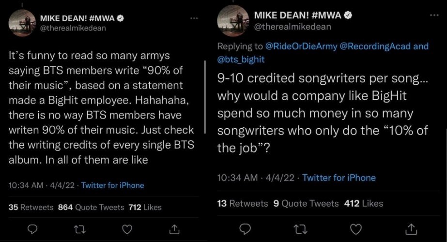 Mike Dean đặt nghi vấn về việc đóng góp sáng tác của các thành viên BTS. Ảnh: TH