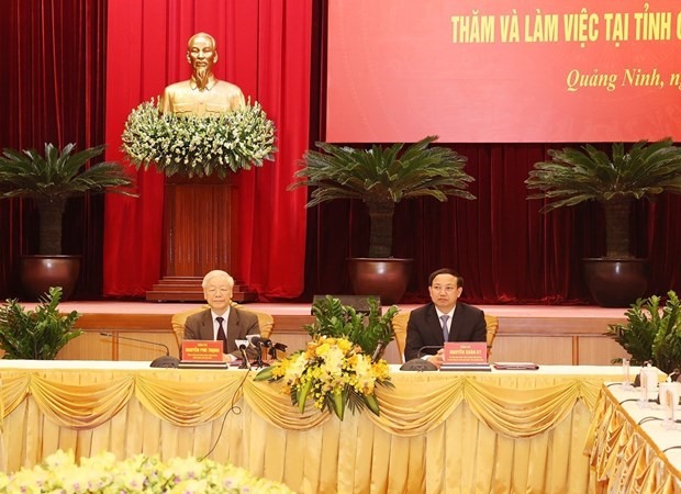Tổng Bí thư Nguyễn Phú Trọng tại buổi làm việc với lãnh đạo chủ chốt tỉnh Quảng Ninh chiều 6.4.2022. Ảnh: TTXVN