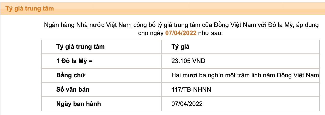 Tỷ giá trung tâm của đồng Việt Nam với đôla Mỹ do Ngân hàng Nhà nước công bố.