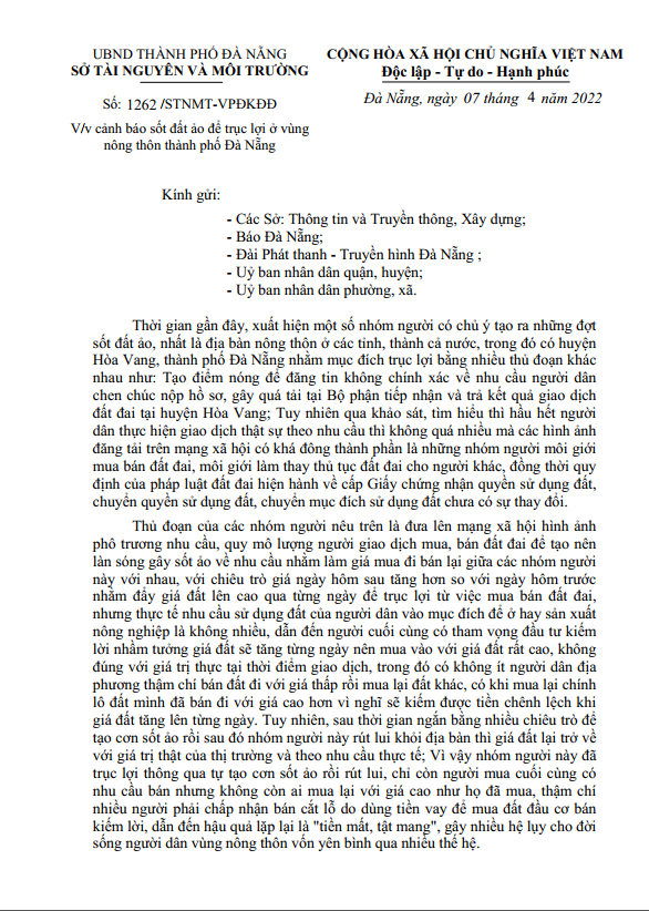 Công văn cảnh báo sốt đất ảo nhằm trục lợi của Sở TNMT TP Đà Nẵng