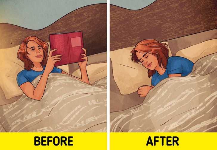 Không nên cố gắng ngủ ngay khi vừa đặt lưng xuống giường. Hãy thử thư giãn bằng một cuốn sách, hoặc một bài tập thể dục nhẹ nhàng, có thể giúp não tạo ra khoảng trống giữa ban ngày và ban đêm, giúp giấc ngủ nhẹ nhàng thoải mái.
