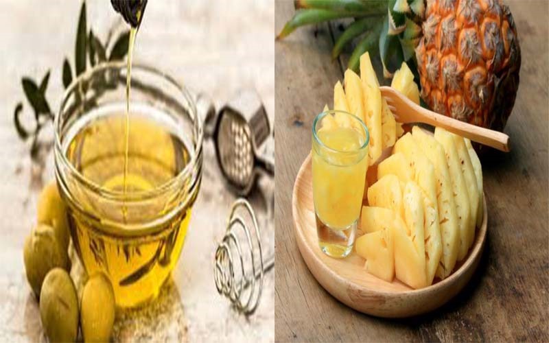 Mặt nạ dầu ô liu, dứa: Dầu ô liu giúp nuôi dưỡng làn da, dứa giàu vitamin C, và enzym bromelain giúp tái tạo tế bào, trẻ hóa làn da. Lấy 2 miếng dứa, thêm 3 thìa dầu ô liu và xay nhuyễn. Thoa đều hỗn hợp lên mặt, để trong khoảng 20 phút rồi rửa sạch. Bạn sẽ phải bất ngờ vì hiệu quả của nó mang lại.