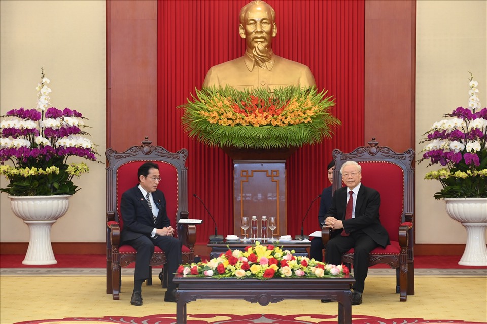Tổng Bí thư Nguyễn Phú Trọng đánh giá cao những kết quả tốt đẹp của chuyến thăm của Thủ tướng Kishida Fumio. Ảnh: Hải Nguyễn