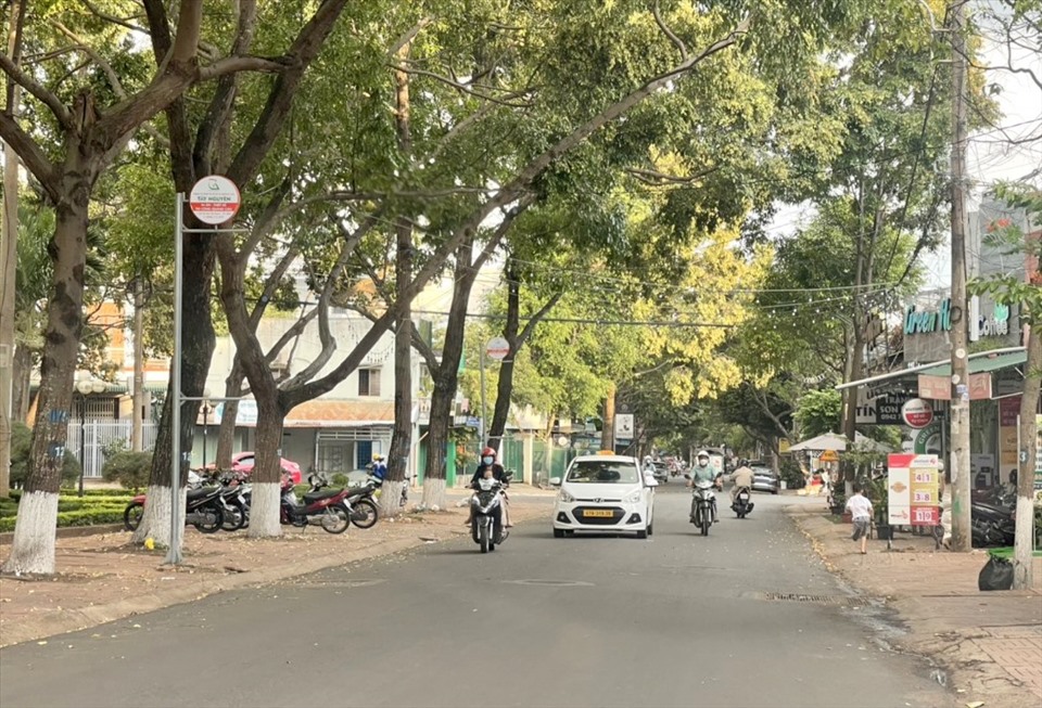 Do không có vạch kẻ phân chia làn đường nên phương tiện lưu thông trên đường Lê Thị Hồng Gấm lưu thông theo kiểu “mạnh ai nấy đi“. Ảnh: Phan Tuấn