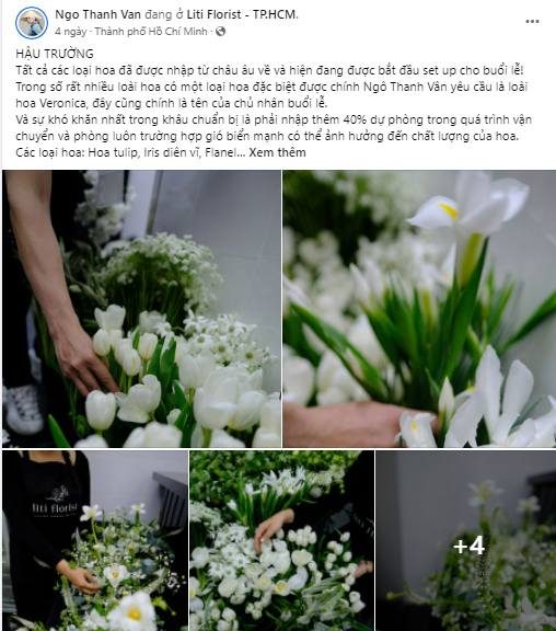 Ngô Thanh Vân chia sẻ về quá trình chuẩn bị hơn 400kg hoa tươi các loại phục vụ cho lễ cưới trên trang cá nhân Facebook