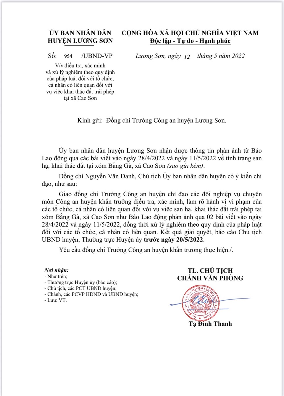 Văn bản chỉ đạo của UBND huyện Lương Sơn.