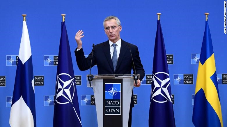 NATO Secretary General Jens Stoltenberg speaks during a joint press conference with the Foreign Ministers of Sweden and Finland at NATO headquarters in Brussels, January 24, 2022.  Photo: AFP