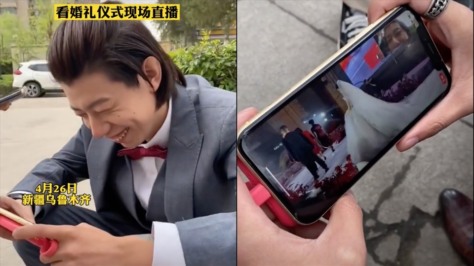 Chú rể bất lực cười trừ khi không thể vào dự hôn lễ của chính mình. Ảnh: Weibo.