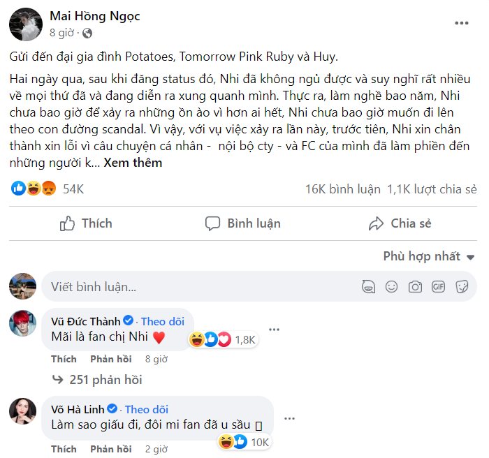 Bài viết trên trang Facebook cá nhân của Đông Nhi sau 8 giờ đã thu về lượng tương tác khủng: hơn 54 nghìn lượt like, 16 nghìn bình luận và 1,1 nghìn lượt chia sẻ