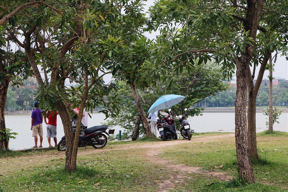 Tuy đã treo biến cấm xe máy vào công viên nhưng một số người dân vẫn bất chấp đi xe máy vào khu vực để câu cá, khiến đoạn đường đi bộ ngày càng bị hư hỏng.
