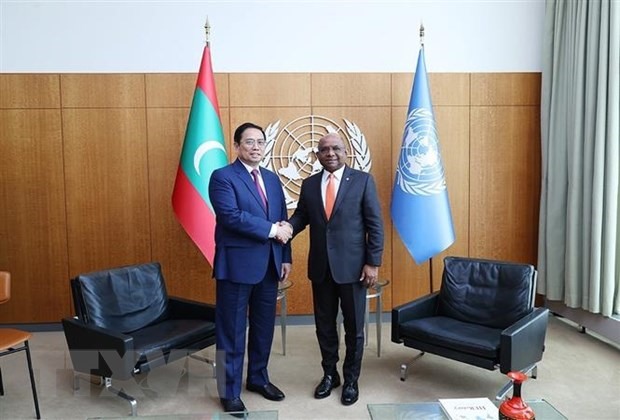 Thủ tướng Phạm Minh Chính gặp ông Abdulla Shahid, Chủ tịch Đại hội đồng Liên Hợp Quốc. Ảnh: TTXVN