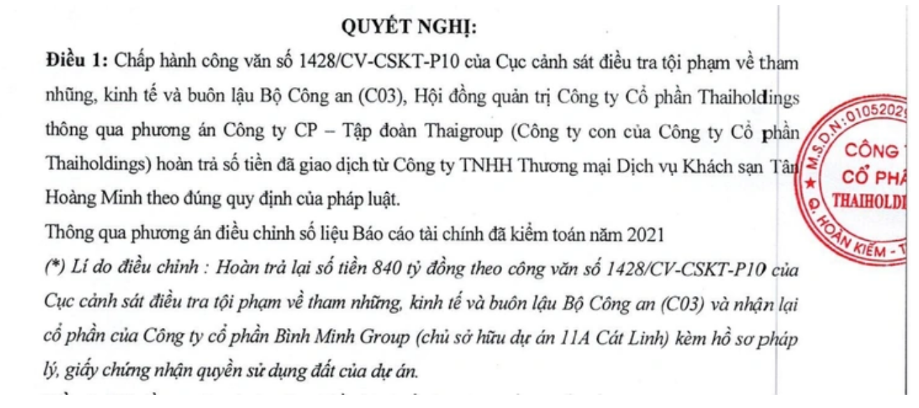 Nghị quyết của HĐQT Thaiholdings về việc nhận lại dự án 11A Cát Linh và hoàn trả 840 tỉ đồng cho Tân Hoàng Minh.