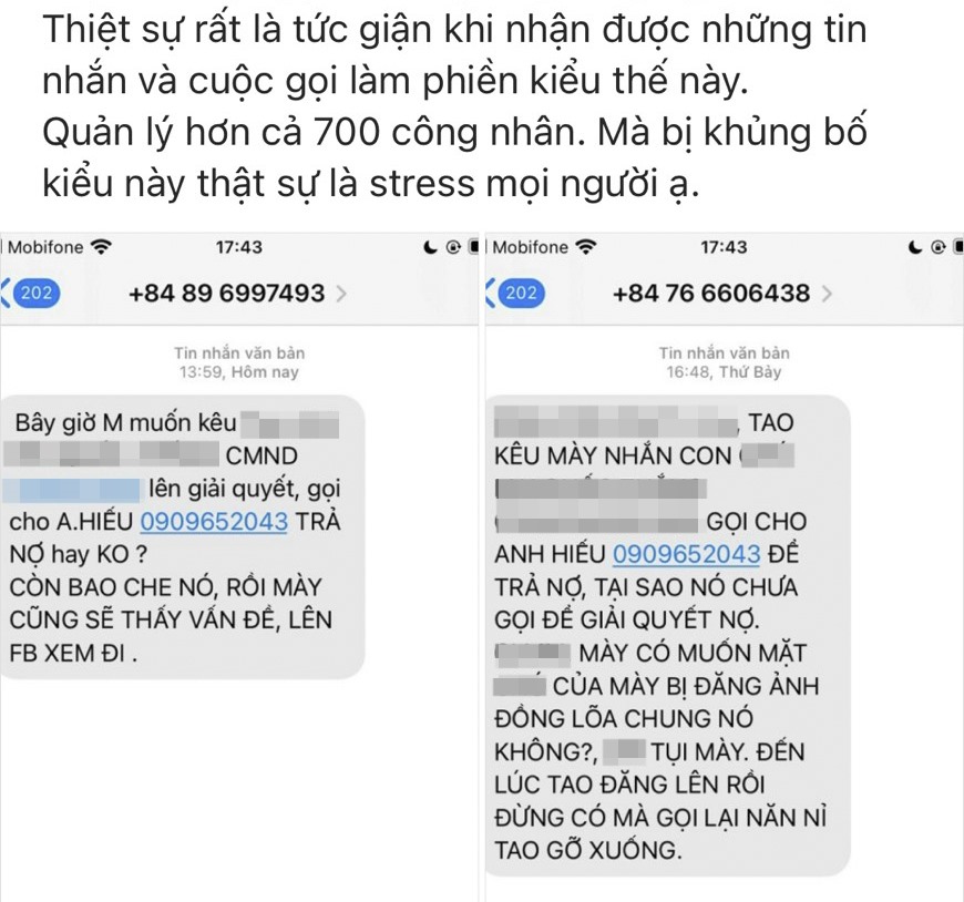 Quản lý nhân sự một công ty trong KCN Phan Thiết bị nhắn tin đe dọa. Ảnh chụp màn hình