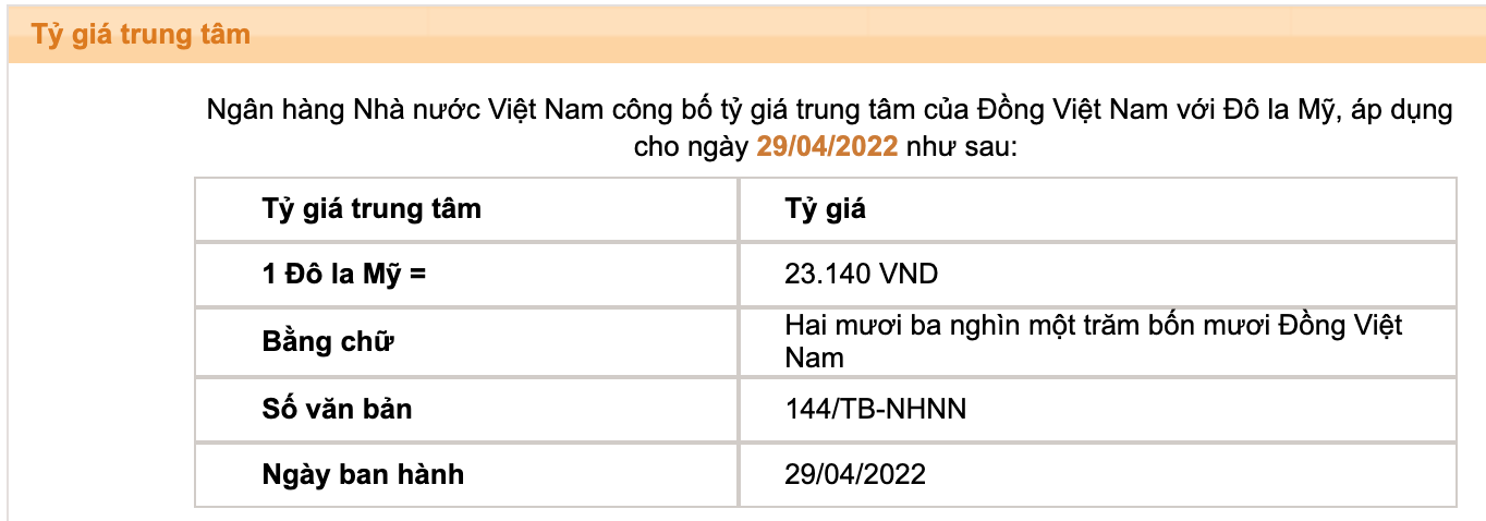 Tỷ giá trung tâm của đồng Việt Nam với đôla Mỹ do Ngân hàng Nhà nước công bố.