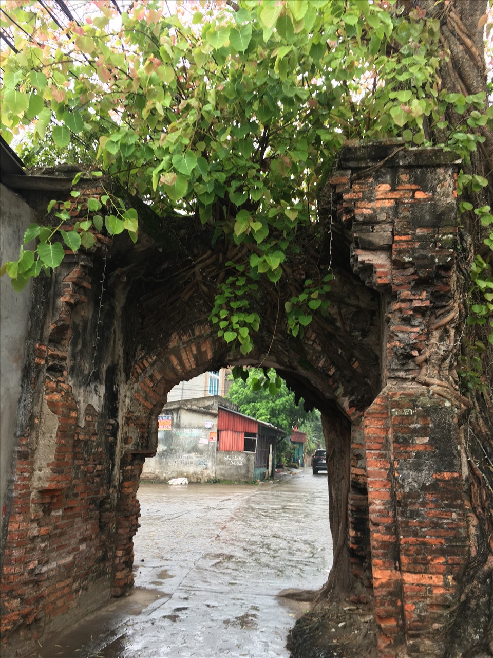 Cồng làng Văn Trung ngày Chủ nhật có mưa phùn dù đang là giữa tháng 5. Ảnh: Kiều Vũ