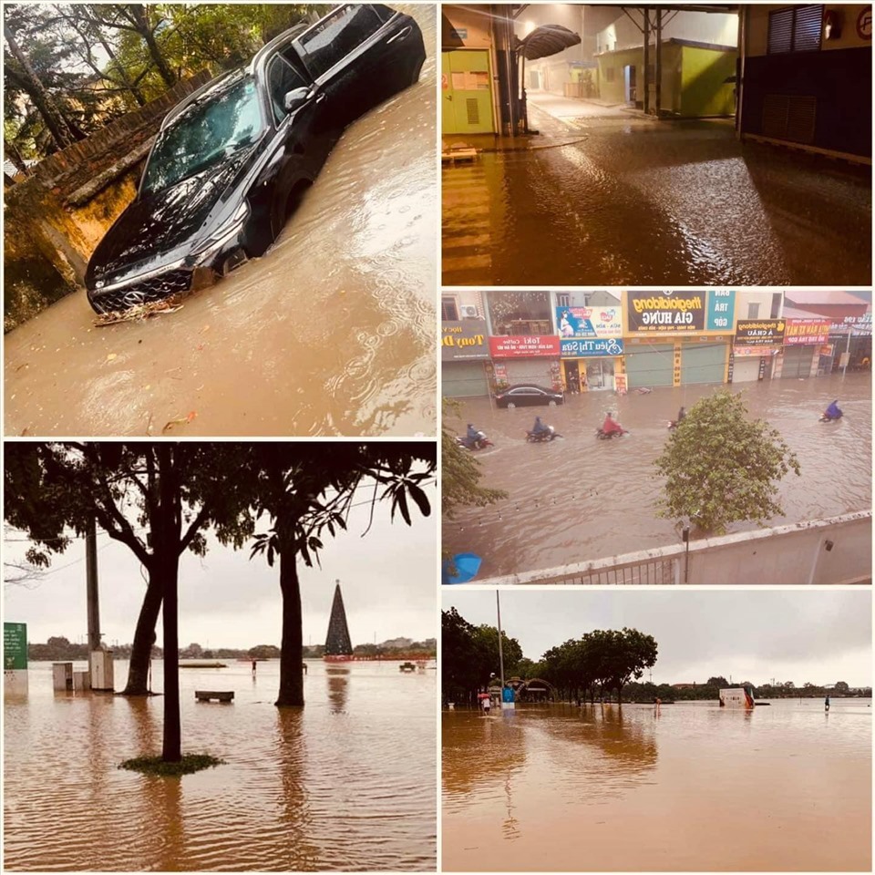 Tương tự, nhiều tuyến đường tại TP.Vĩnh Yên (Vĩnh Phúc) ngập sâu sau mưa lớn ngày 24.5. Ảnh: CTV.