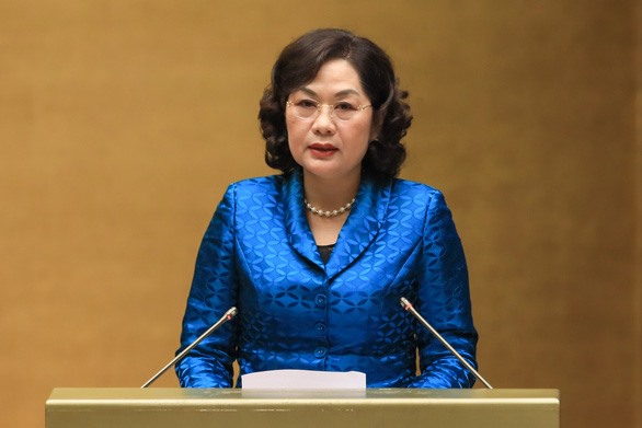 Thống đốc Nguyễn Thị Hồng báo cáo trước Quốc hội. Ảnh: Quochoi