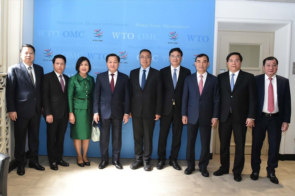 Phó Thủ tướng Lê Minh Khái và Phó Tổng giám đốc WTO Trương Hướng Thần cùng các đại biểu. Ảnh: VGP