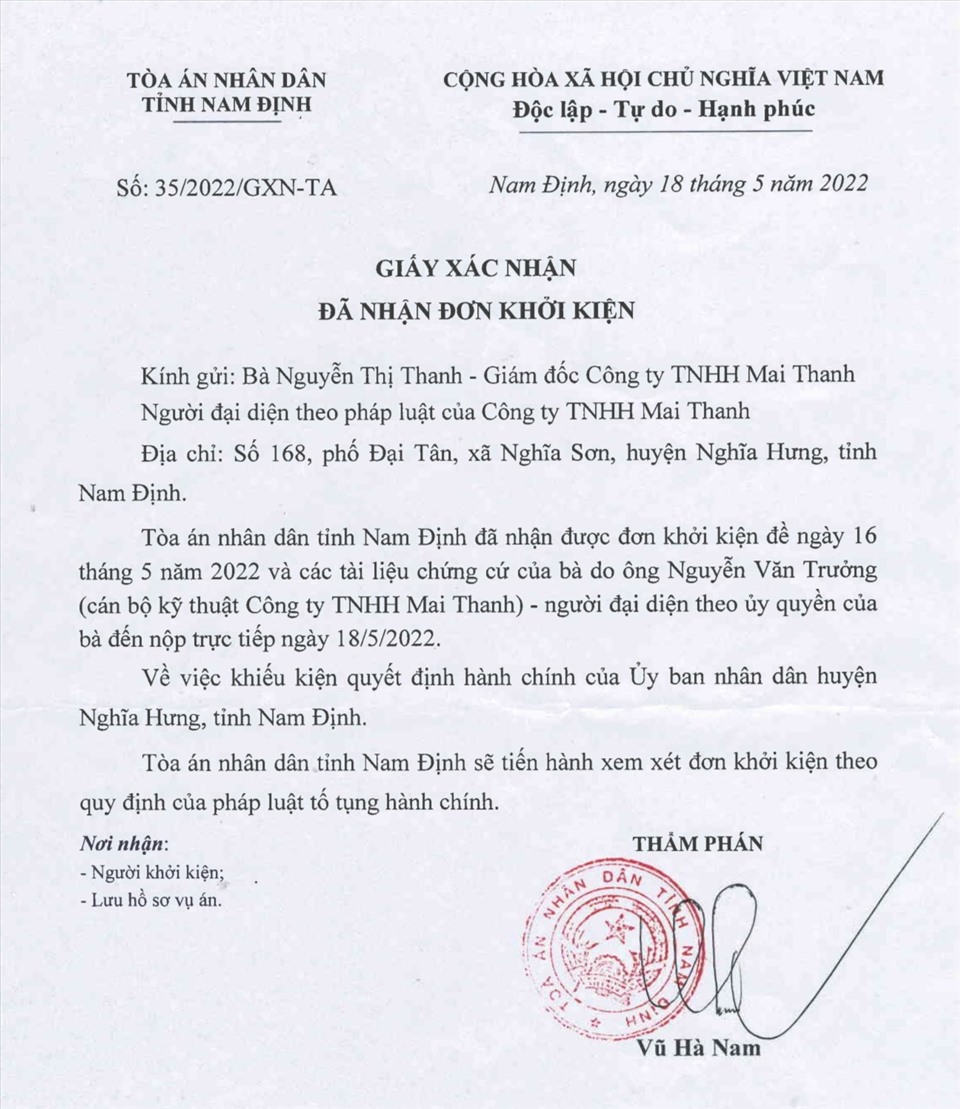 Giấy xác nhận của Tòa án nhân dân tỉnh Nam Định. Ảnh: T.D