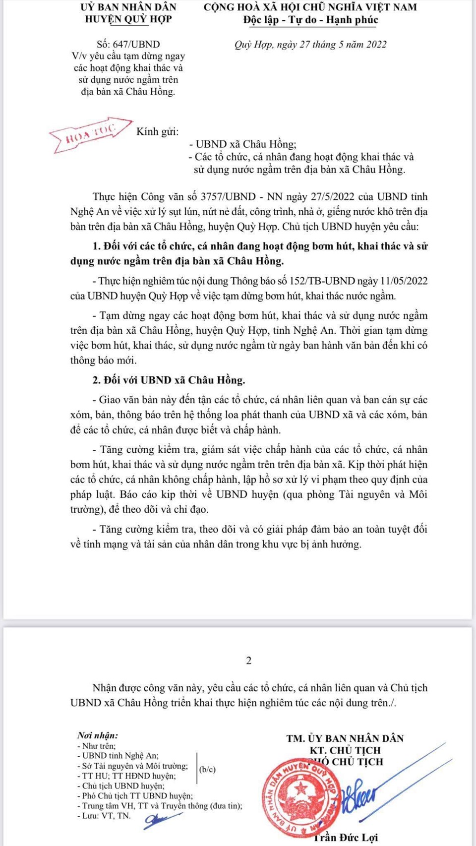 Văn bản hỏa tốc của UBND huyện Quỳ Hợp đình chỉ việc khai thác nước ngầm trên địa bàn xã Châu Hồng. Ảnh: QĐ