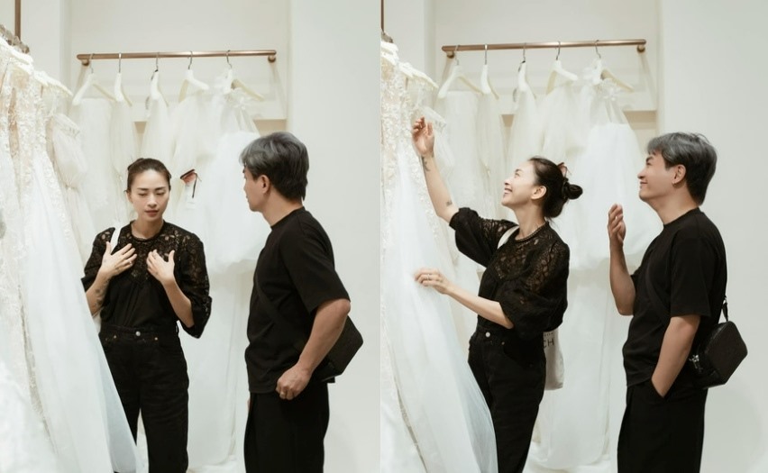 HLV Nam Trung là người bạn đi cùng để giúp nữ diễn viên chọn váy cưới. Ảnh: FBCN