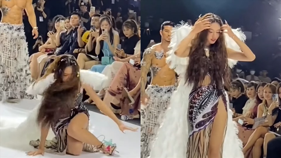 Hoa hậu Thùy Tiên cho biết dây giày của cô bị lỏng từ lúc bắt đầu bước ra sàn diễn và dần tuột xuống lúc sải bước, khiến cô bị vấp. Ảnh: YouTube.