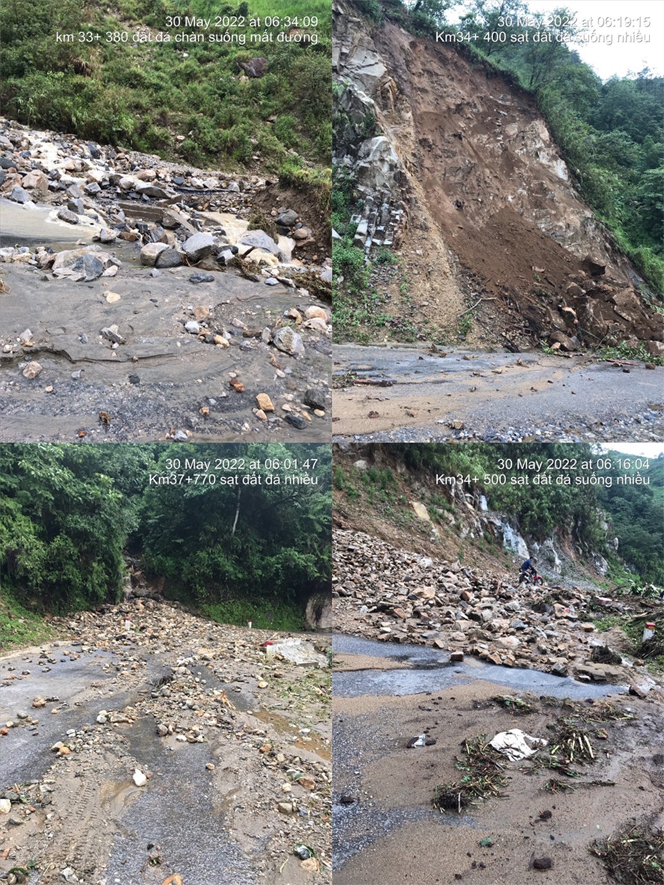 Hình ảnh sạt lở đất đá được ghi nhận tại Km33+380, Km33+900, Km34+400 và Km34+500, tỉnh lộ 132, Lai Châu.