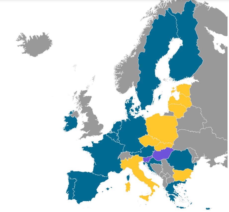 Theo trang EURACTIV, có 8 nước EU ủng hộ tư cách ứng viên của Ukraina (màu vàng); các nước do dự (màu xanh); các nước thay đổi (màu tím). Ảnh chụp màn hình