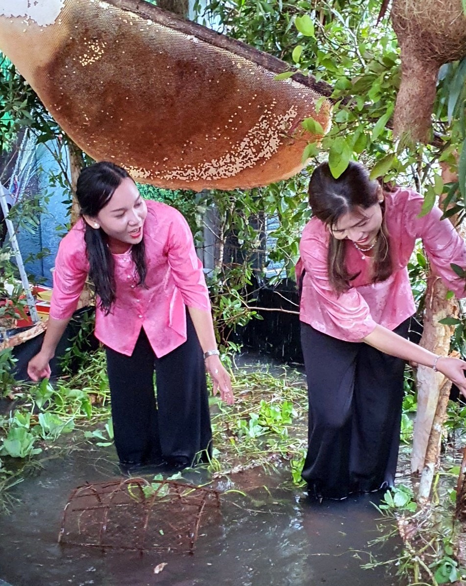 Du khách thích thú bắt cá dưới tổ ong mật lớn nhất Việt Nam tại huyện U Minh, tỉnh Cà Mau. Ảnh: Nhật Hồ