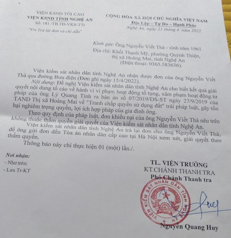 Viện KSND tỉnh Nghệ An trả lại đơn đề nghị cung cấp thông tin của ông Thà. Ảnh: QĐ
