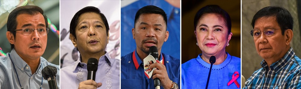 5 ứng viên hàng đầu trong tổng số 10 ứng cử viên tranh cử tổng thống Philippines ngày 9.5. Từ trái qua phải: Thị trưởng thành phố Manila Francisco Domagoso; Ferdinand “Bongbong” Marcos Jnr, cựu thượng nghị sĩ, con trai cố Tổng thống Ferdinand Marcos; Huyền thoại quyền anh Philippines và ứng cử viên tổng thống Manny Pacquiao; Phó Tổng thống Philippines Leni Robredo và Thượng nghị sĩ Panfilo Lacson. Ảnh: AFP