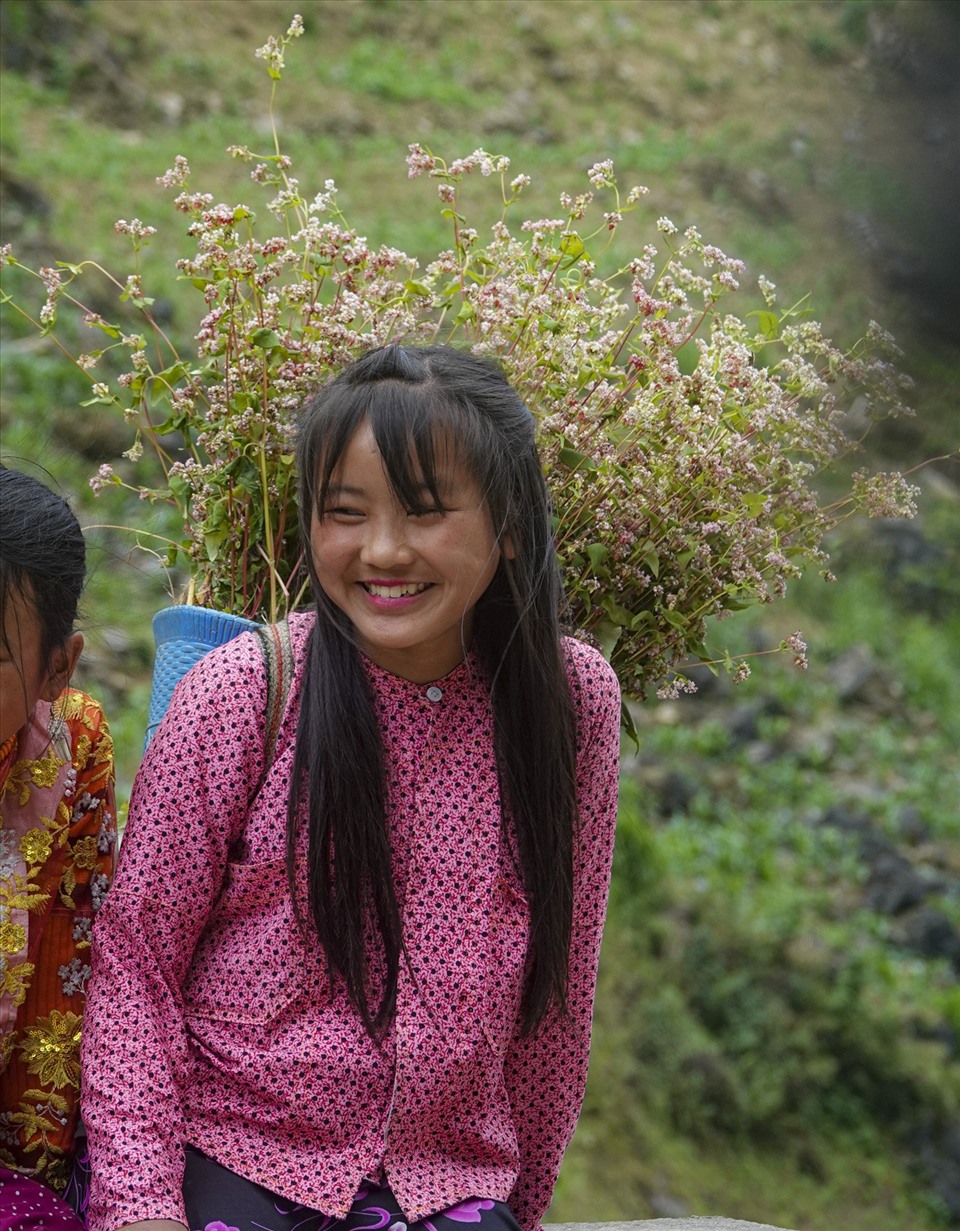 Những em bé ở Hà Giang địu hoa đứng để khách phương xa chụp ảnh cùng. Khách có thể mua những vòng hoa kết đội lên đầu hoặc mượn những chiếc gùi chất đầy hoa làm ''phụ kiện'' khi chụp ảnh.