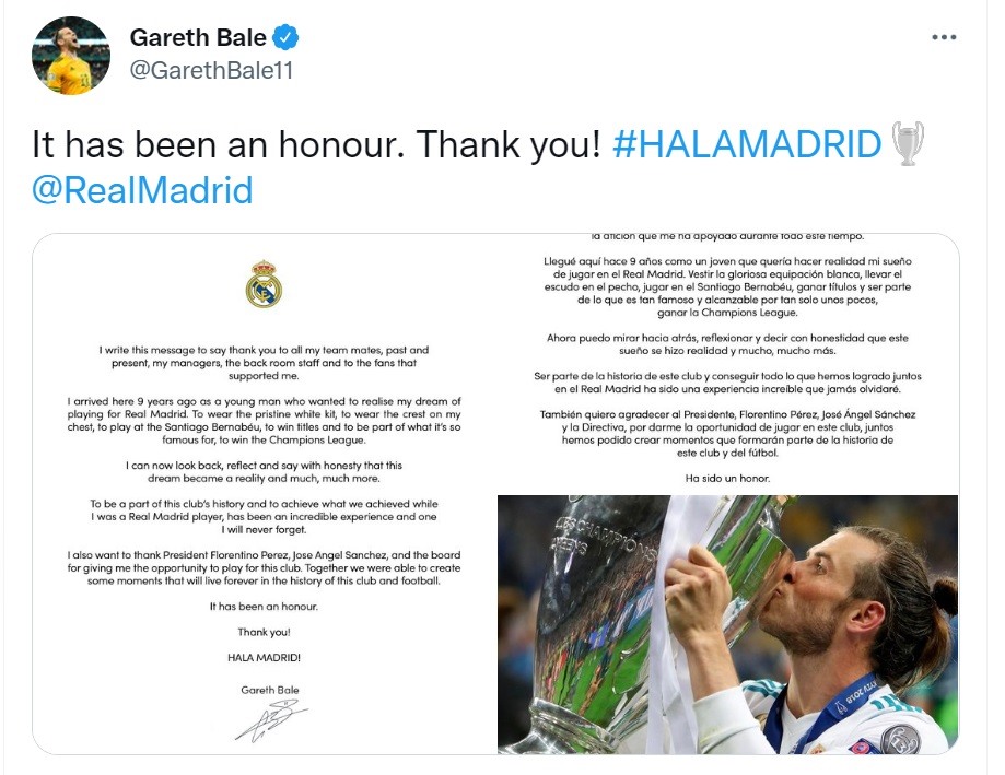 Bức thư chia tay của Gareth Bale được anh đưa lên mạng xã hội. Ảnh: Twitter