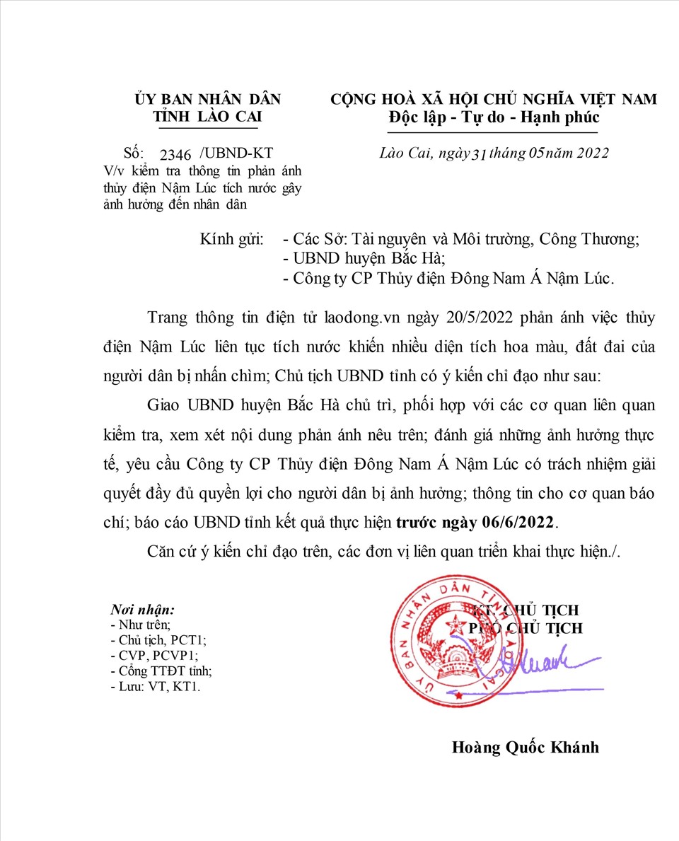 Chủ tịch tỉnh Lào Cai chỉ đạo các cơ quan chức năng kiểm tra, xác minh phản ánh của Báo Lao Động.