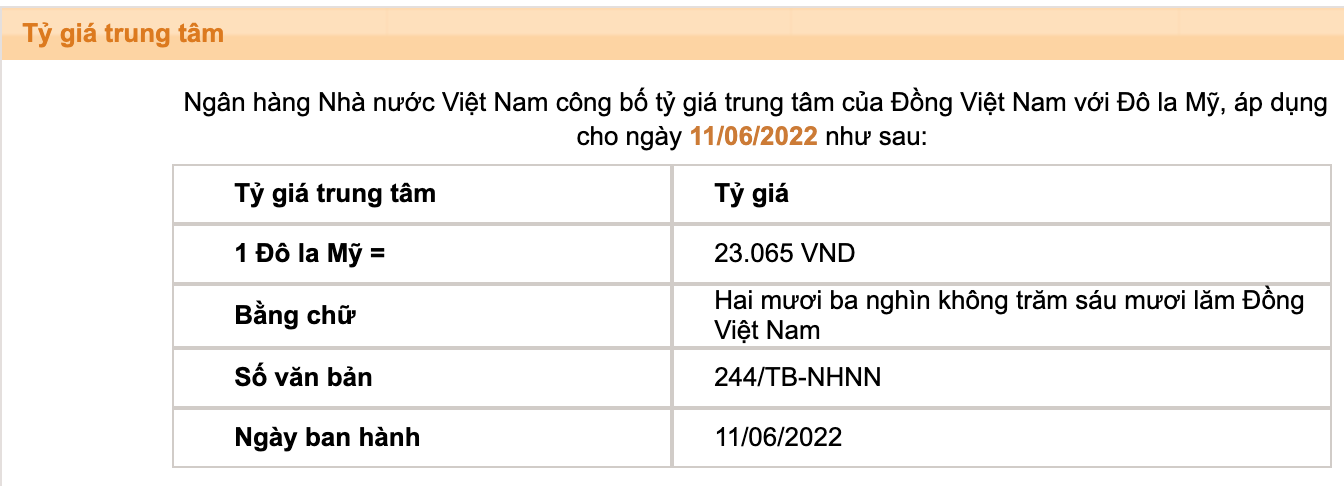 Tỷ giá trung tâm của đồng Việt Nam với đôla Mỹ do Ngân hàng Nhà nước công bố.