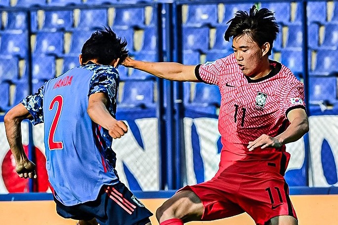 U23 Hàn Quốc nỗ lực tìm bàn gỡ trước U23 Nhật Bản. Ảnh: KFA