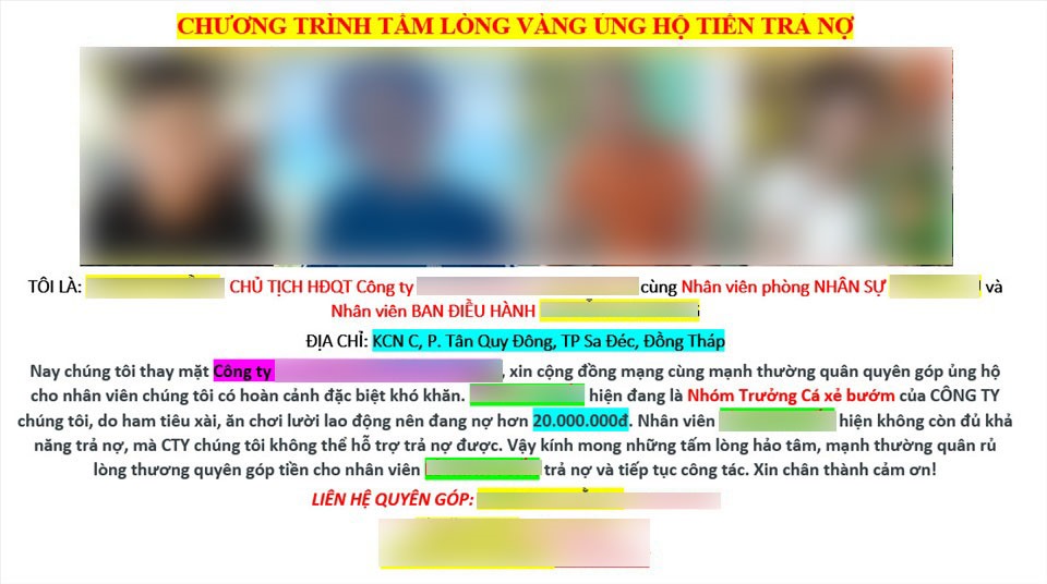 Đây là chùm ảnh mà các đối tượng tự xưng là chủ nợ “dựng lên” với nhiều hình ảnh của lãnh đạo Công ty kêu gọi cộng đồng mạng hỗ trợ cho nhân viên của mình đang mắc nợ. Ảnh: PV