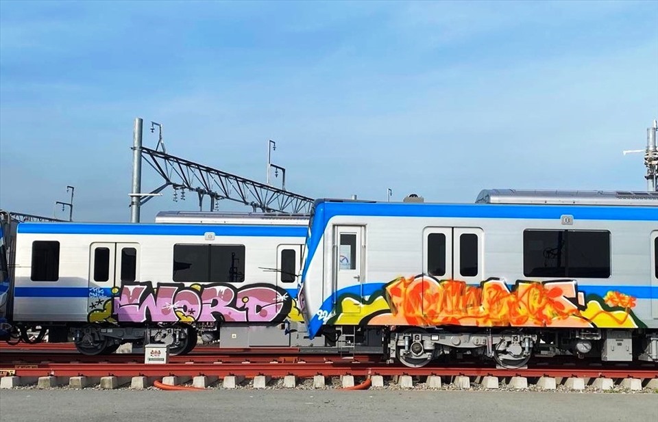 Tàu metro số 1 bị vẽ bậy tại depot Long Bình hồi đầu tháng 6.   Ảnh: G.A
