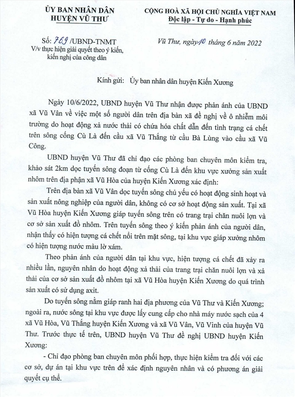 Văn bản của UBND huyện Vũ Thư gửi UBND huyện Kiến Xương và các cơ quan liên quan.