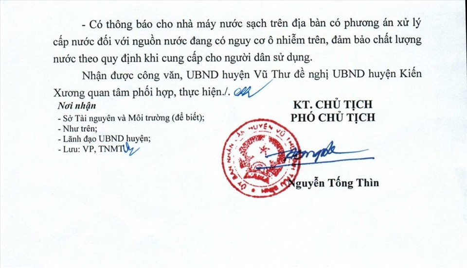 Văn bản của UBND huyện Vũ Thư gửi UBND huyện Kiến Xương và các cơ quan liên quan.