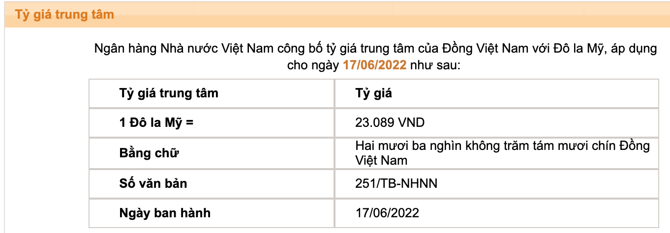 Tỷ giá trung tâm của đồng Việt Nam với đôla Mỹ do Ngân hàng Nhà nước công bố.