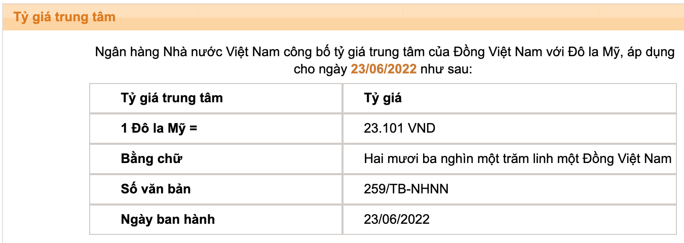 Tỷ giá trung tâm của đồng Việt Nam với đôla Mỹ do Ngân hàng Nhà nước công bố.