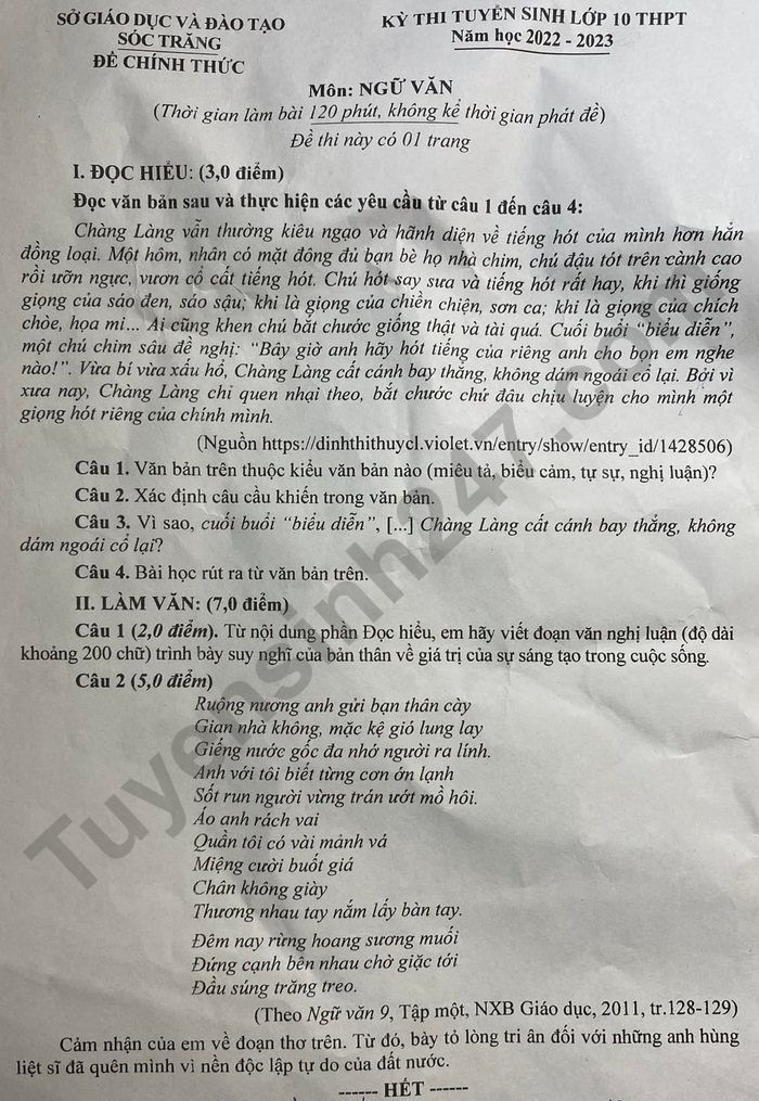 Đáp án đầy đủ đề thi môn Ngữ văn vào lớp 10 tỉnh Sóc Trăng 2022