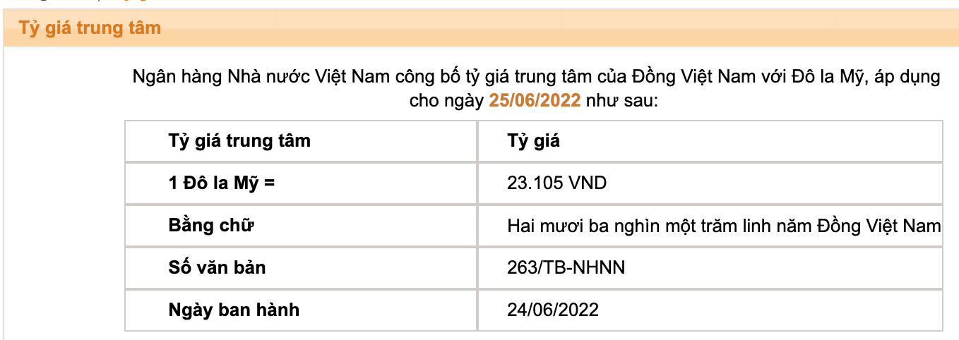 Tỷ giá trung tâm của đồng Việt Nam với đôla Mỹ do Ngân hàng Nhà nước công bố.