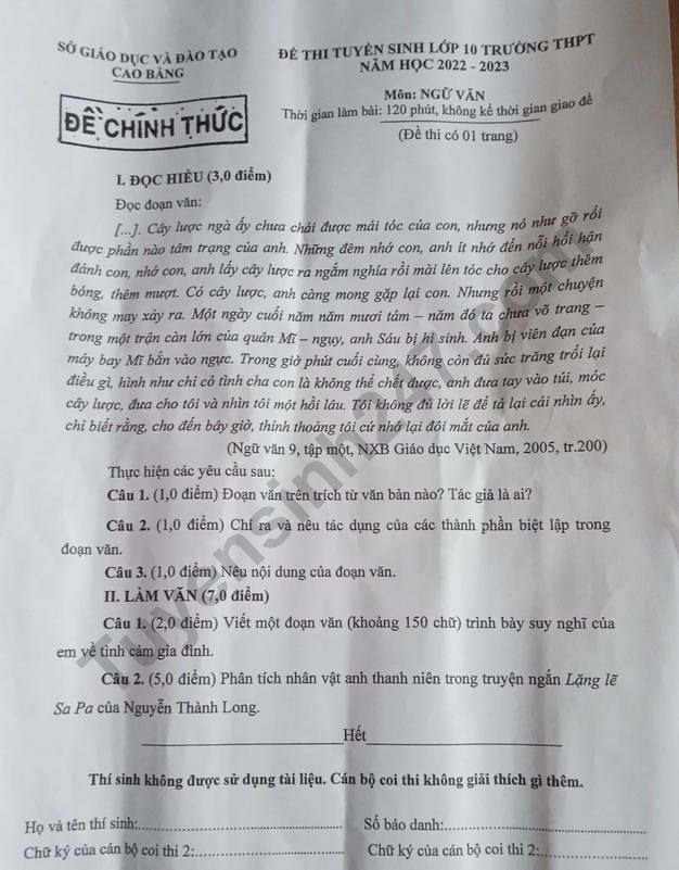 Đề Thi, Đáp Án Môn Văn Thi Vào Lớp 10 Tỉnh Cao Bằng Năm 2022