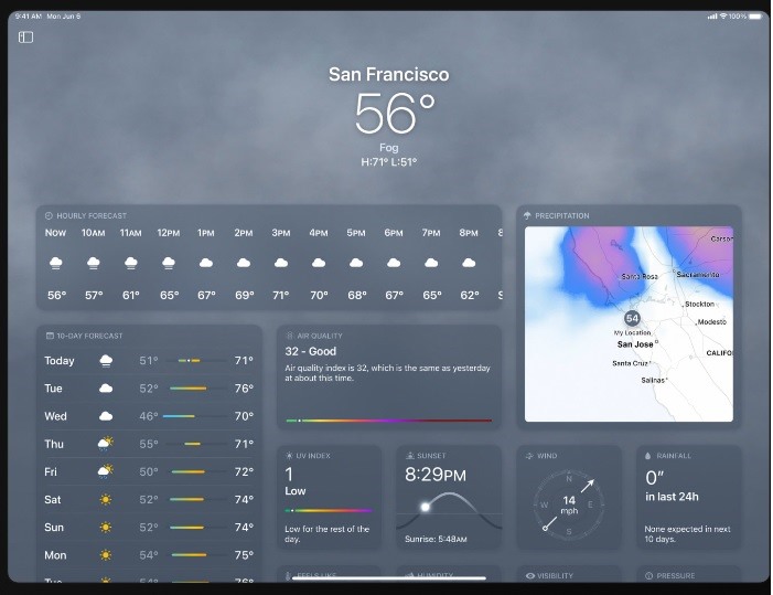 Ứng dụng thời tiết mới trên iPadOS. Ảnh: Apple