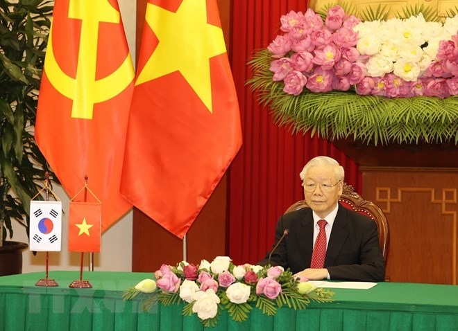 Tổng Bí thư Nguyễn Phú Trọng khẳng định sự coi trọng đối với quan hệ đối tác hợp tác chiến lược Việt Nam - Hàn Quốc. Ảnh: TTXVN