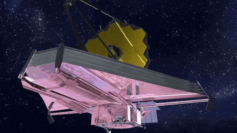 Simulation of the James Webb space telescope in space.  Source: NASA