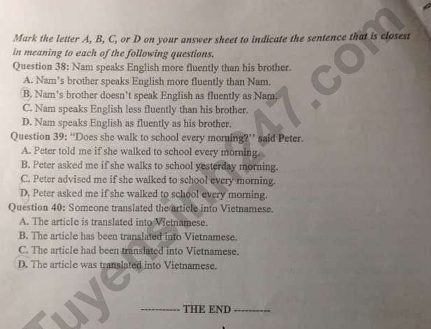 Đề thi, đáp án môn Tiếng Anh thi vào lớp 10 tỉnh Thái Nguyên năm 2022.